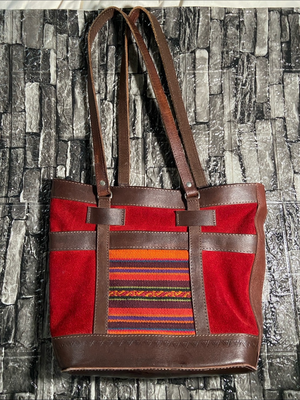 Vintage Leather and Woven Wool Boho Purse Made in Bolivia - Picture 2 of 11